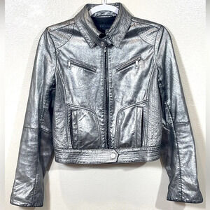 Escada Sport Metallic Silver Leather Motorcycle Jacket 36/6